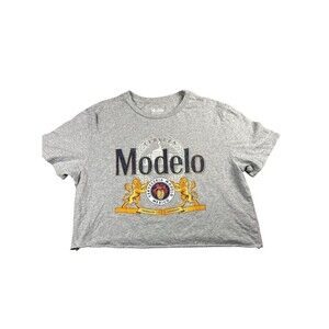 Women’s Modelo Beer Graphic Crop Top T-shirt Gray Short Sleeve Casual Medium